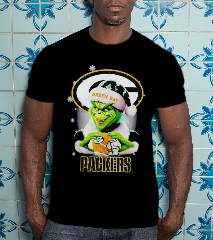 Green Bay Packers Grinch Christmas Fan Art Snowflakes Helmet T-Shirt