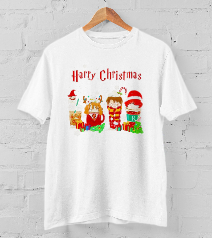 Harry Christmas Chibi Coffee Characters Festive Winter Scene T-Shirt