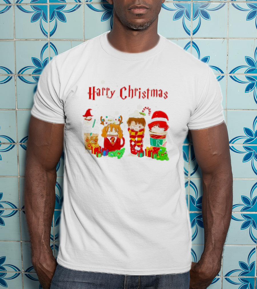 Harry Christmas Chibi Coffee Characters Festive Winter Scene T-Shirt