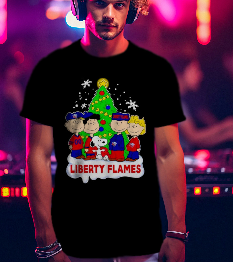 Liberty Flames Peanuts Characters Christmas Tree Snoopy Charlie Brown T-Shirt