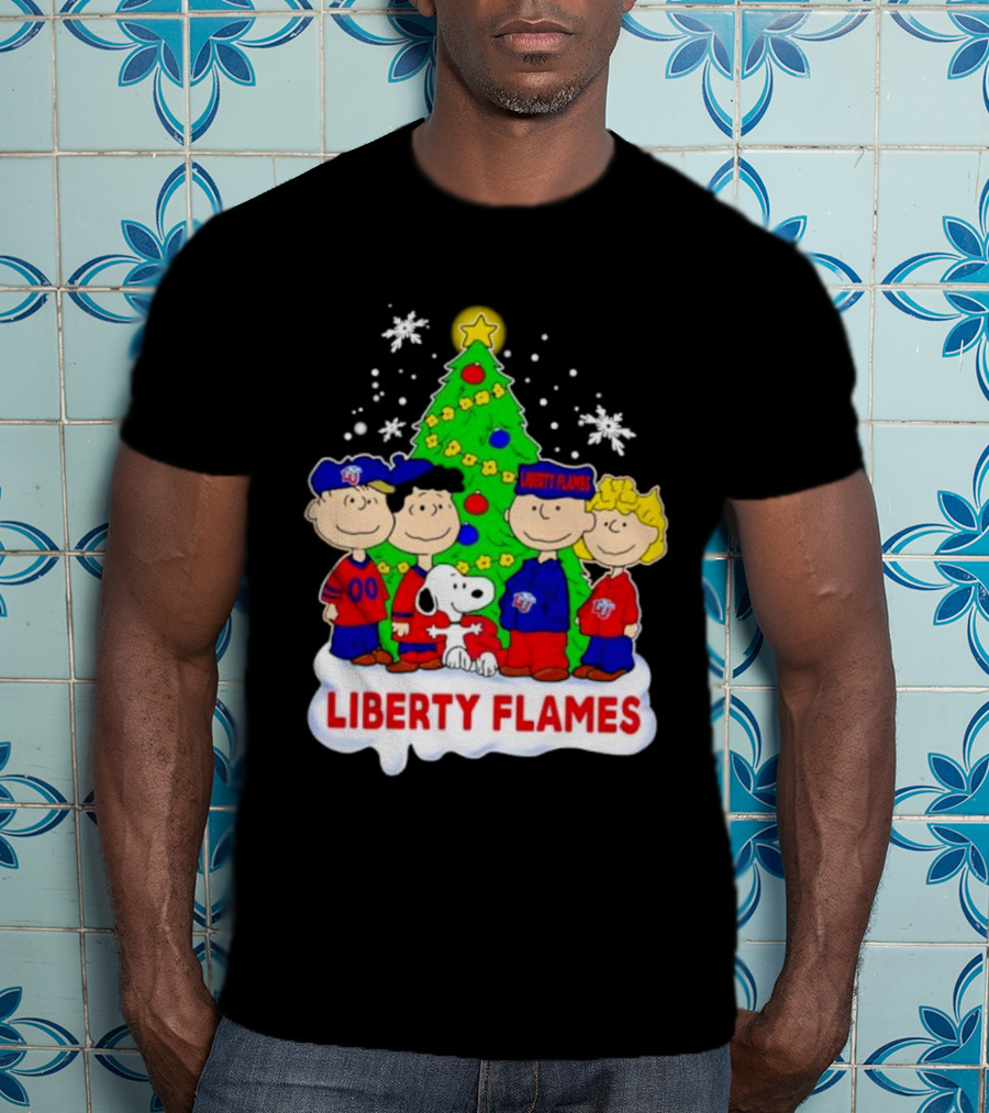 Liberty Flames Peanuts Characters Christmas Tree Snoopy Charlie Brown T-Shirt