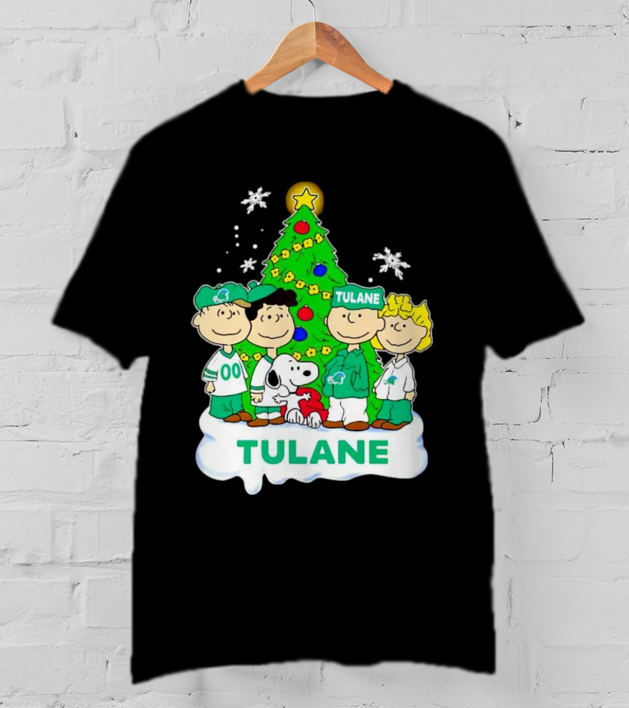 Peanuts Characters Tulane Green Wave Christmas Tree Snoopy Snowflakes T-Shirt