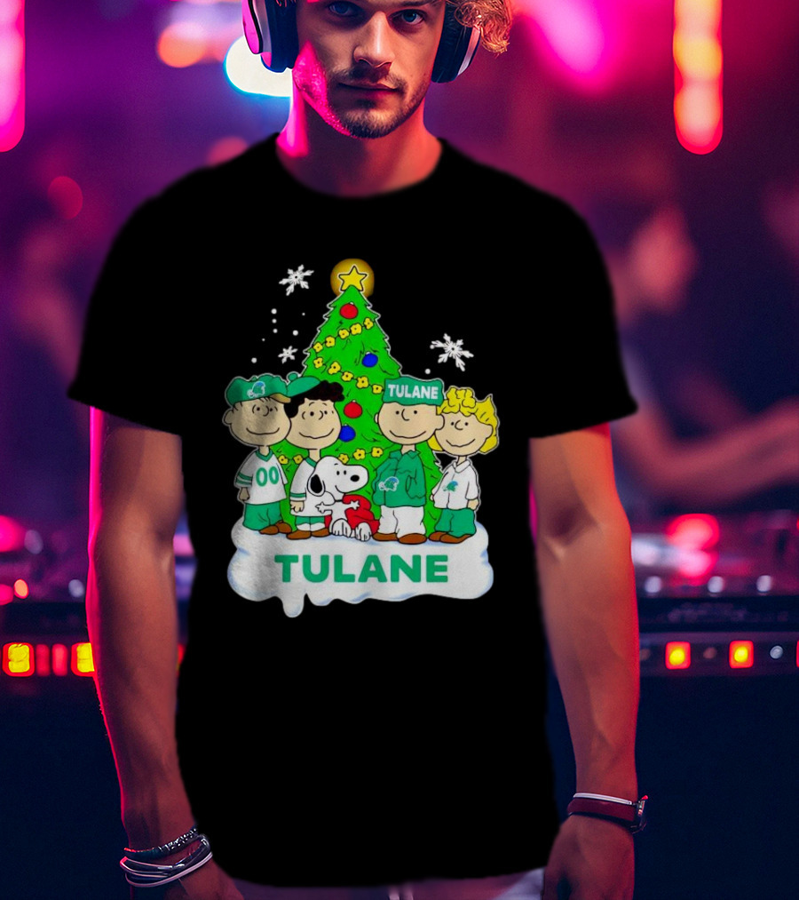 Peanuts Characters Tulane Green Wave Christmas Tree Snoopy Snowflakes T-Shirt