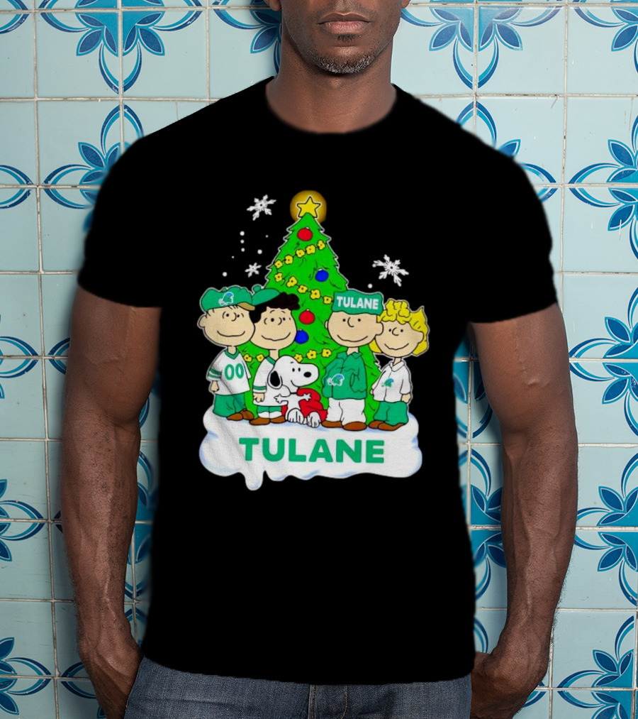 Peanuts Characters Tulane Green Wave Christmas Tree Snoopy Snowflakes T-Shirt