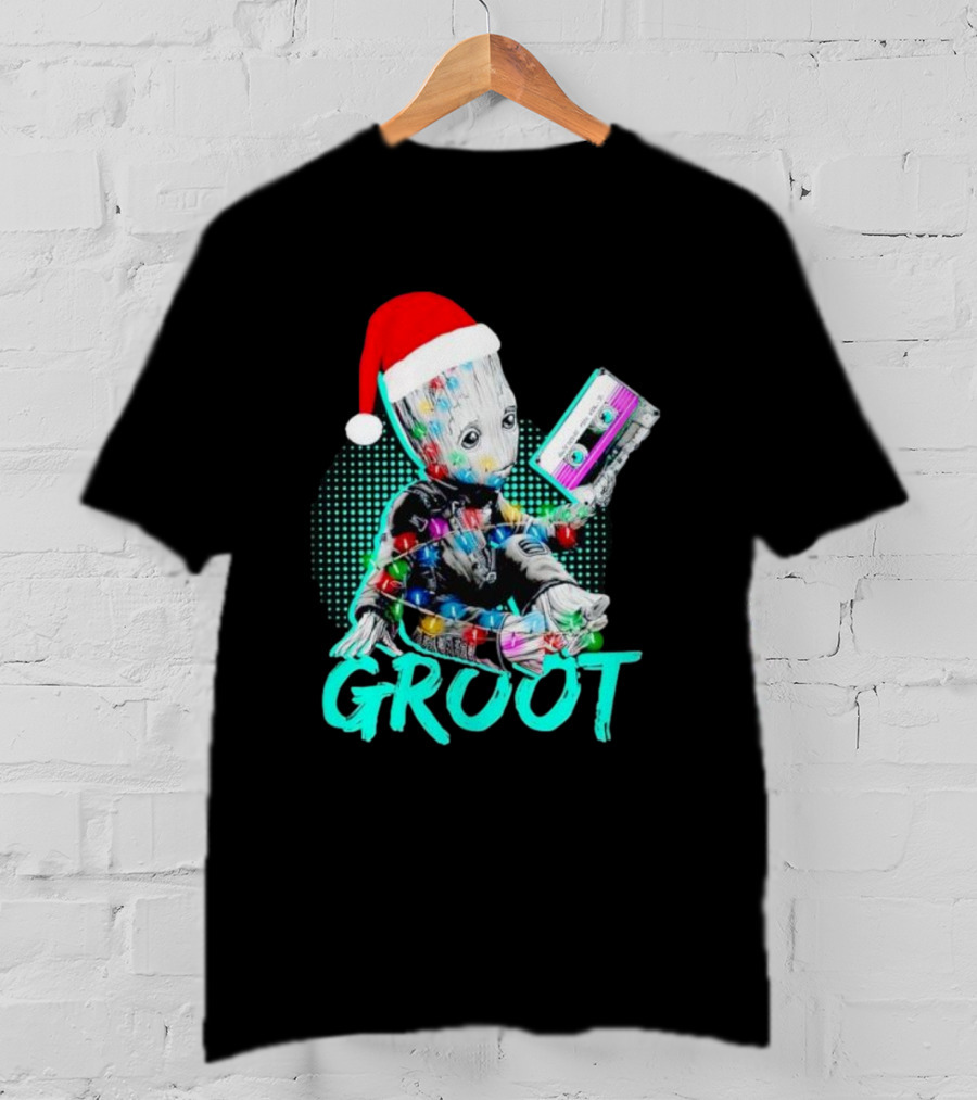 Santa Baby Groot With Cassette Tape And Holiday Lights T-Shirt