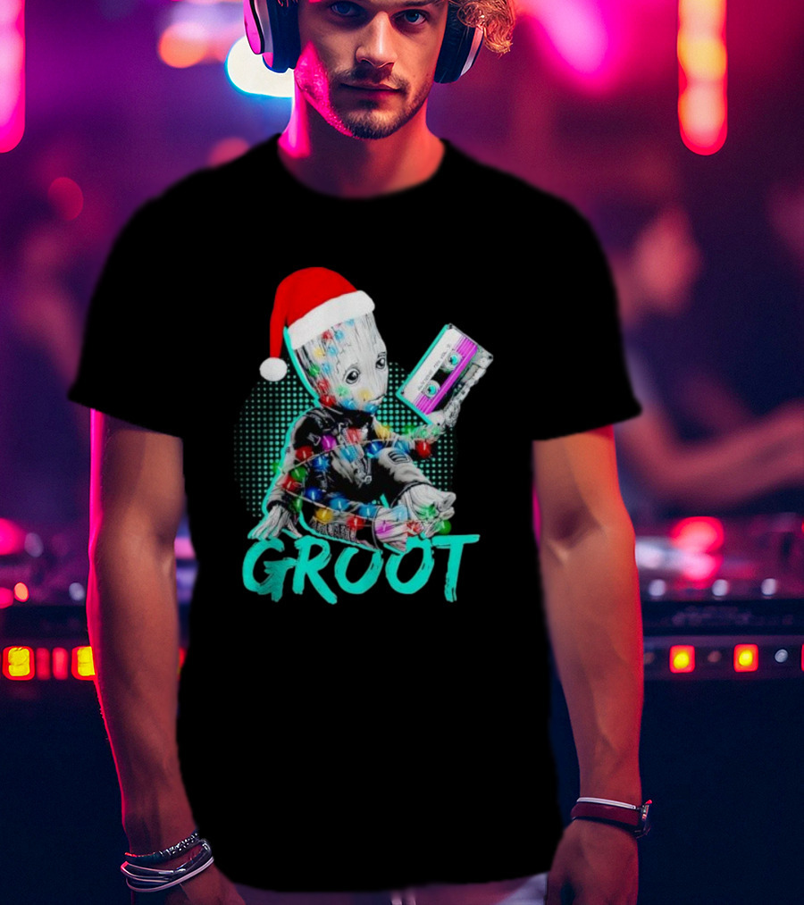 Santa Baby Groot With Cassette Tape And Holiday Lights T-Shirt