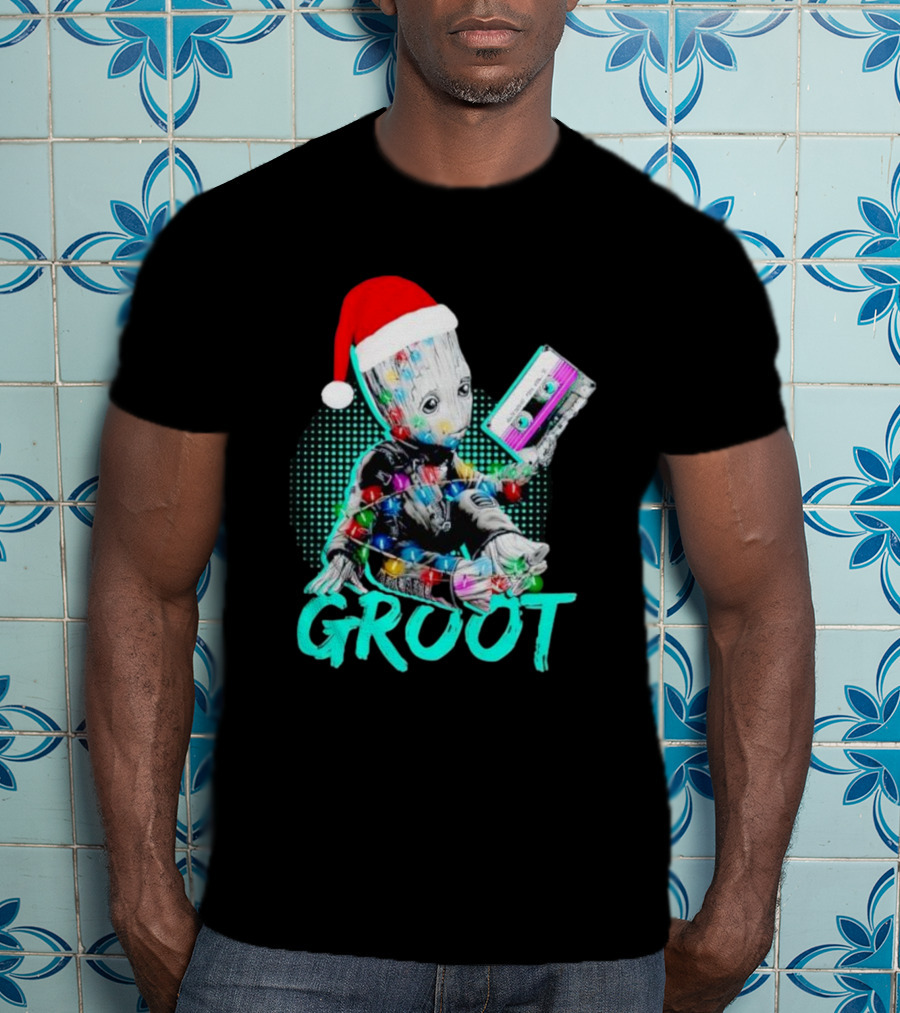Santa Baby Groot With Cassette Tape And Holiday Lights T-Shirt