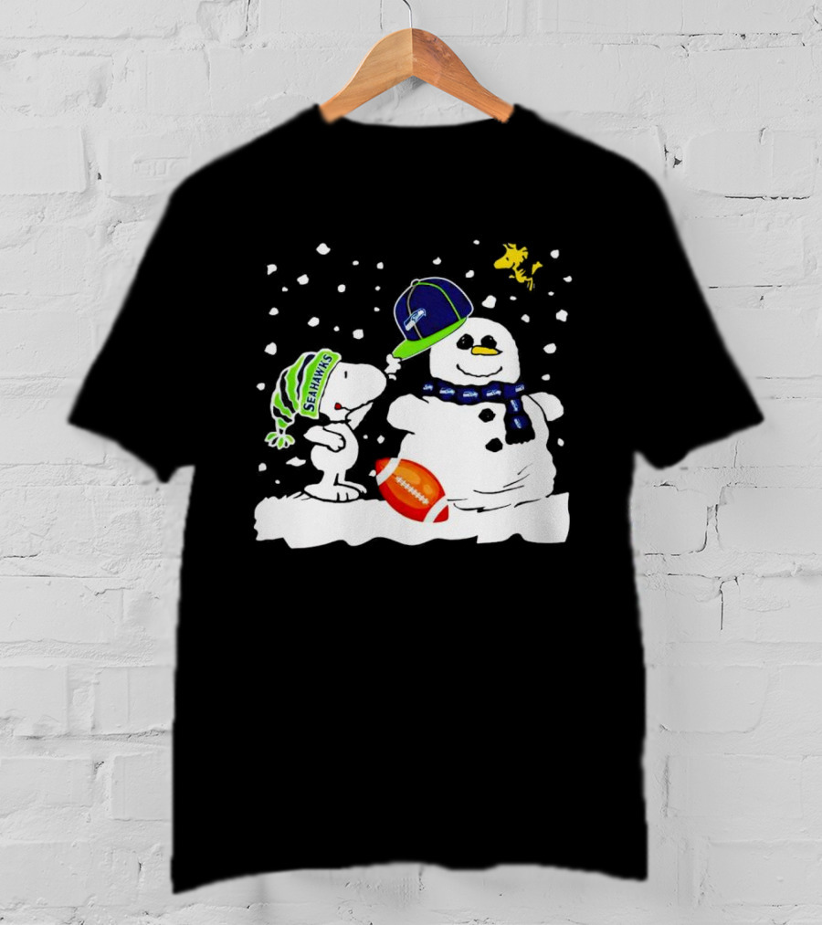 Seattle Seahawks Snoopy Snowman Hat Winter Football Scene T-Shirt