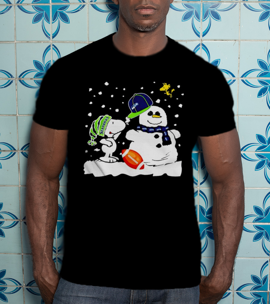 Seattle Seahawks Snoopy Snowman Hat Winter Football Scene T-Shirt