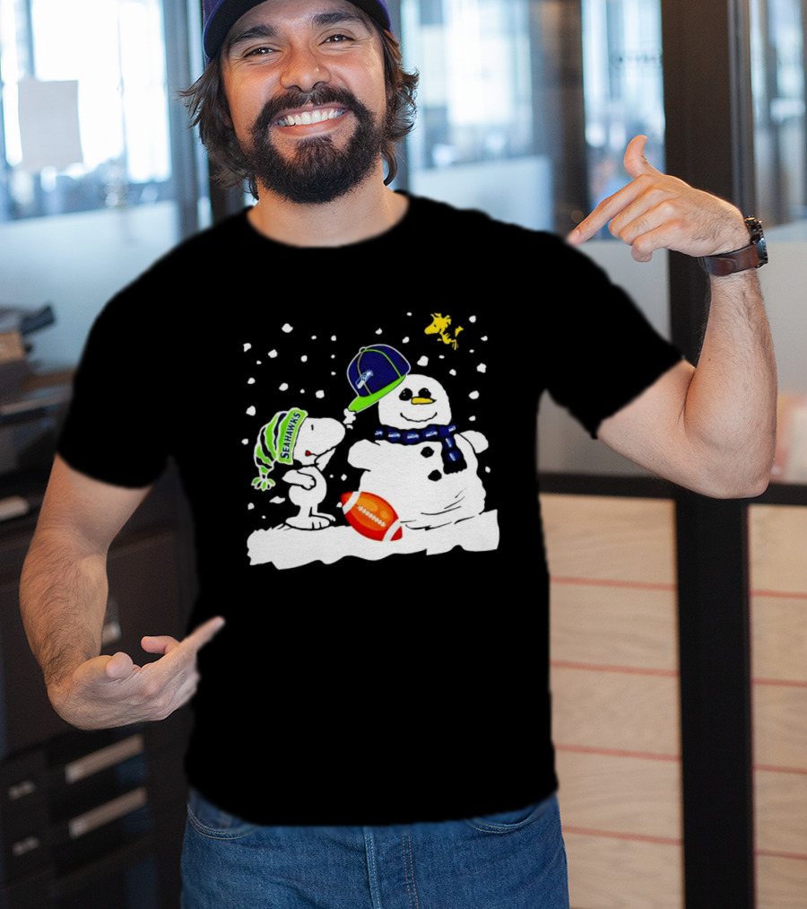 Seattle Seahawks Snoopy Snowman Hat Winter Football Scene T-Shirt