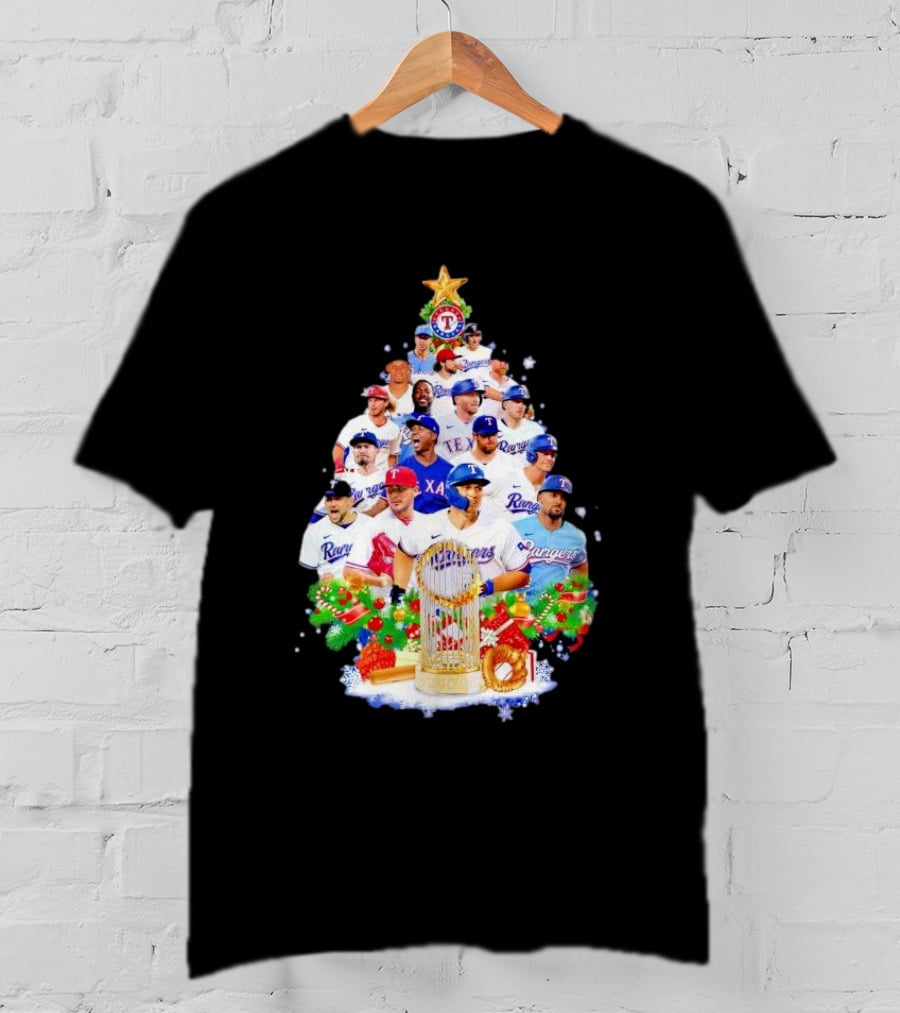 Texas Rangers Players Christmas Tree With Trophy And Ornaments T-Shirt