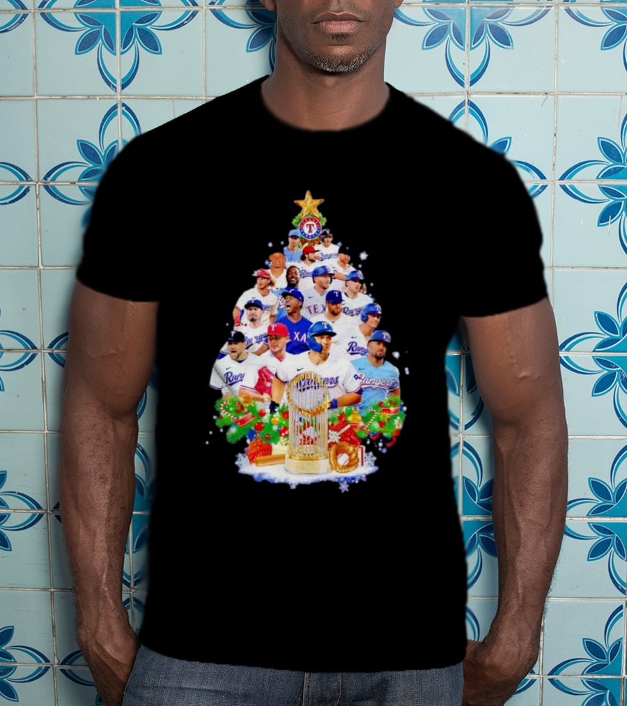 Texas Rangers Players Christmas Tree With Trophy And Ornaments T-Shirt