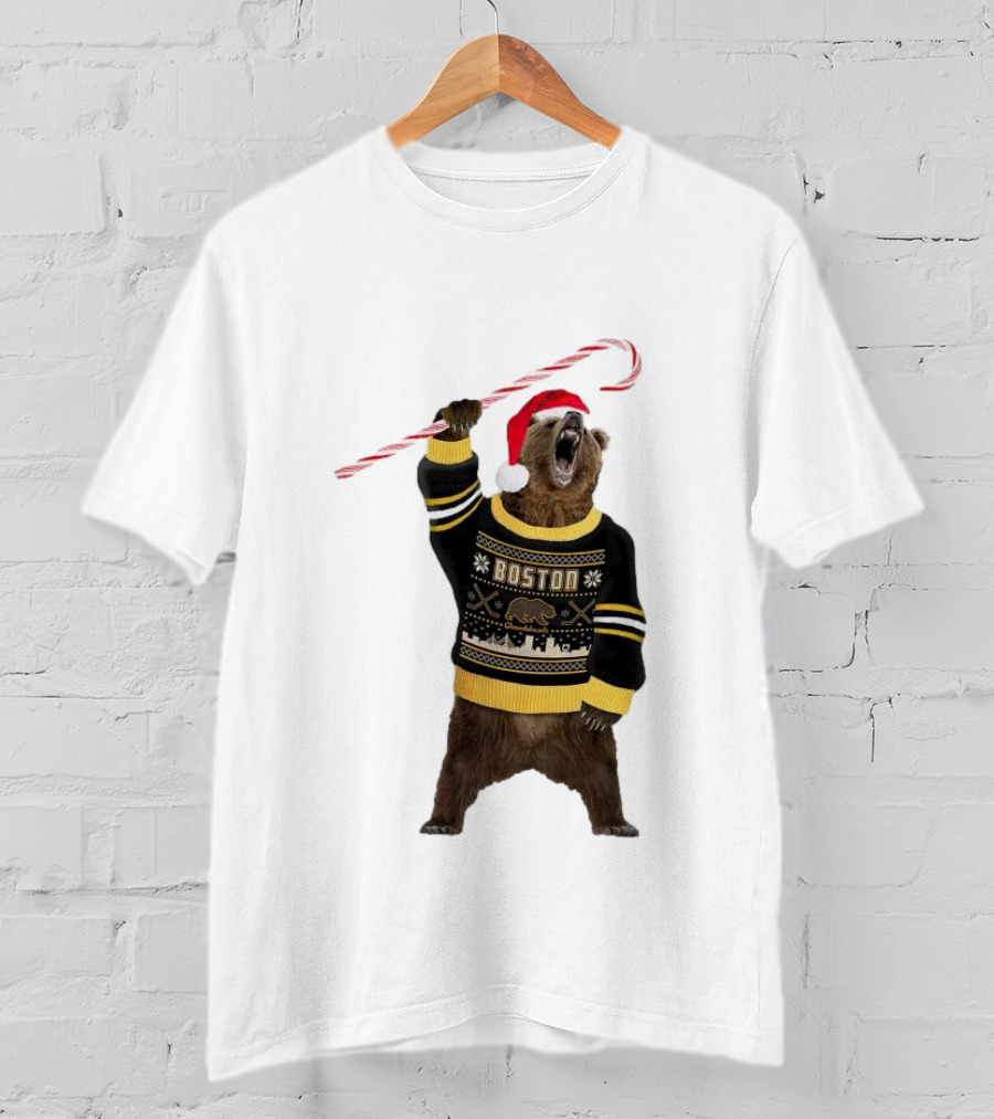 Boston Bear Christmas Holiday Sweater Santa Hat Candy Cane T-Shirt