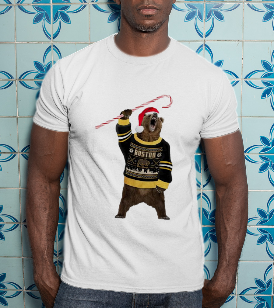 Boston Bear Christmas Holiday Sweater Santa Hat Candy Cane T-Shirt