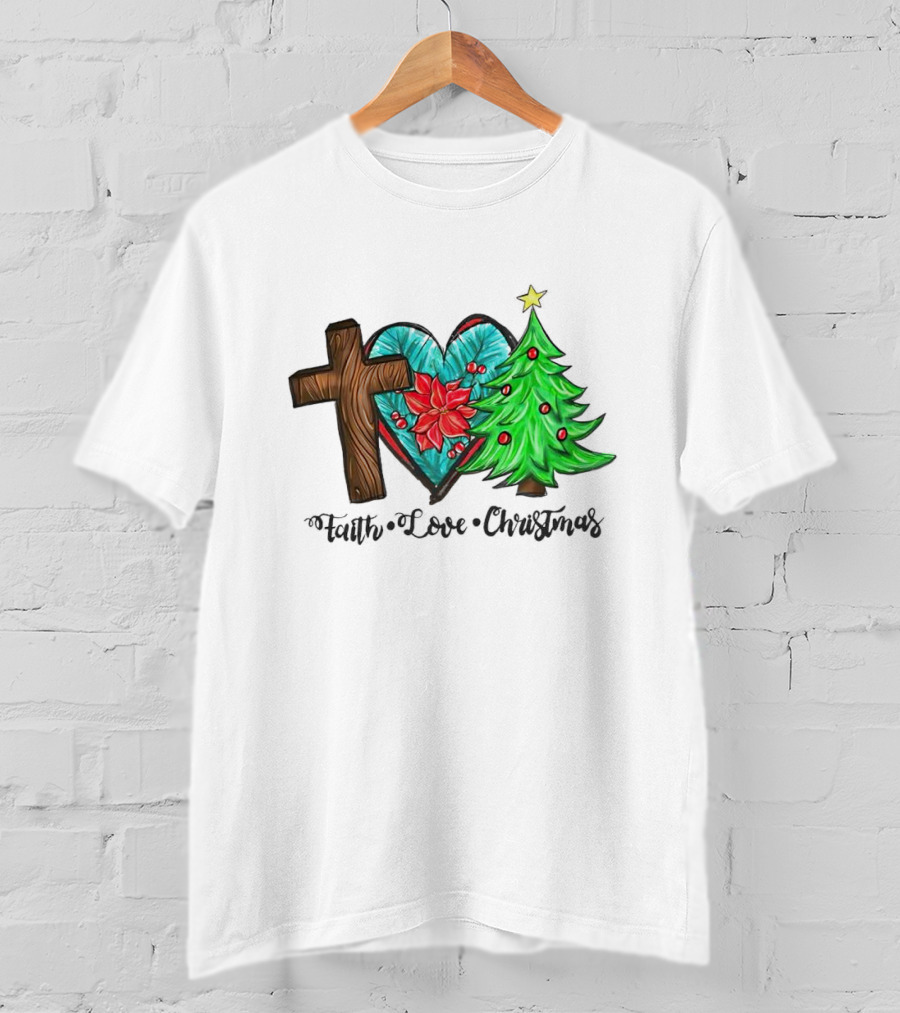 Faith Love Christmas Cross Poinsettia Tree T-Shirt