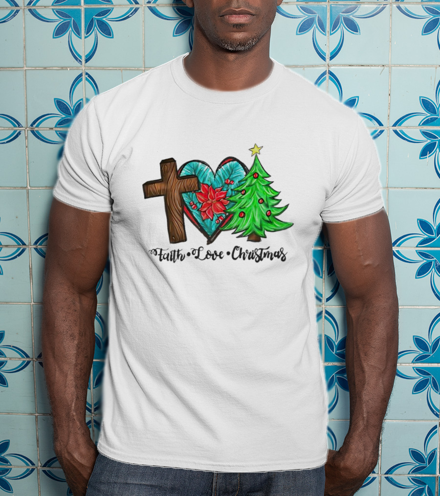 Faith Love Christmas Cross Poinsettia Tree T-Shirt