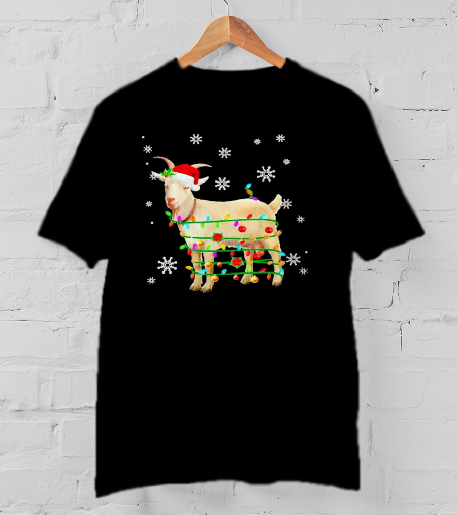 Goat Wrapped In Christmas Lights With Santa Hat And Snowflakes T-Shirt