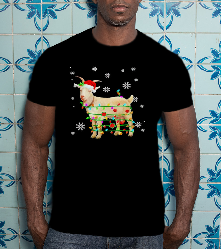 Goat Wrapped In Christmas Lights With Santa Hat And Snowflakes T-Shirt