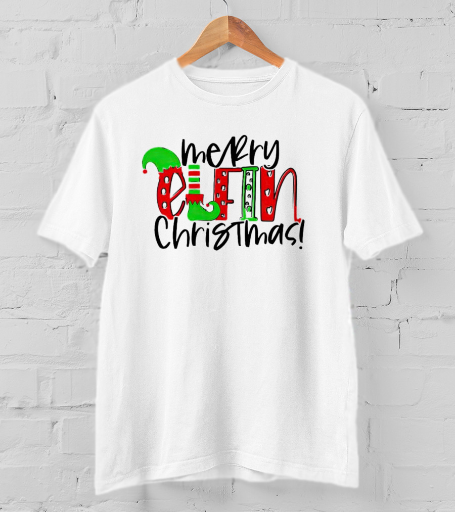 Merry Elfin Christmas Green Elf Shoe And Hat Red Stripes And Polka Dots T-Shirt
