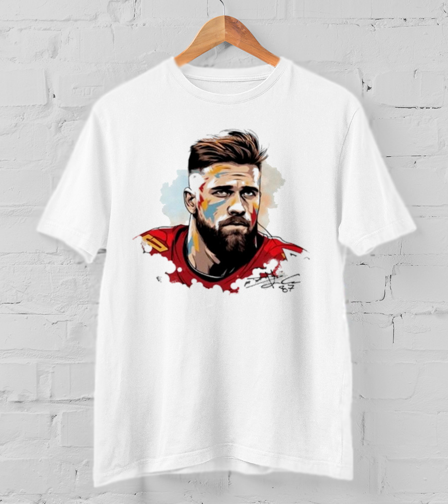 Travis Kelce Signed Portrait Artwork In Red Jersey T-Shirt