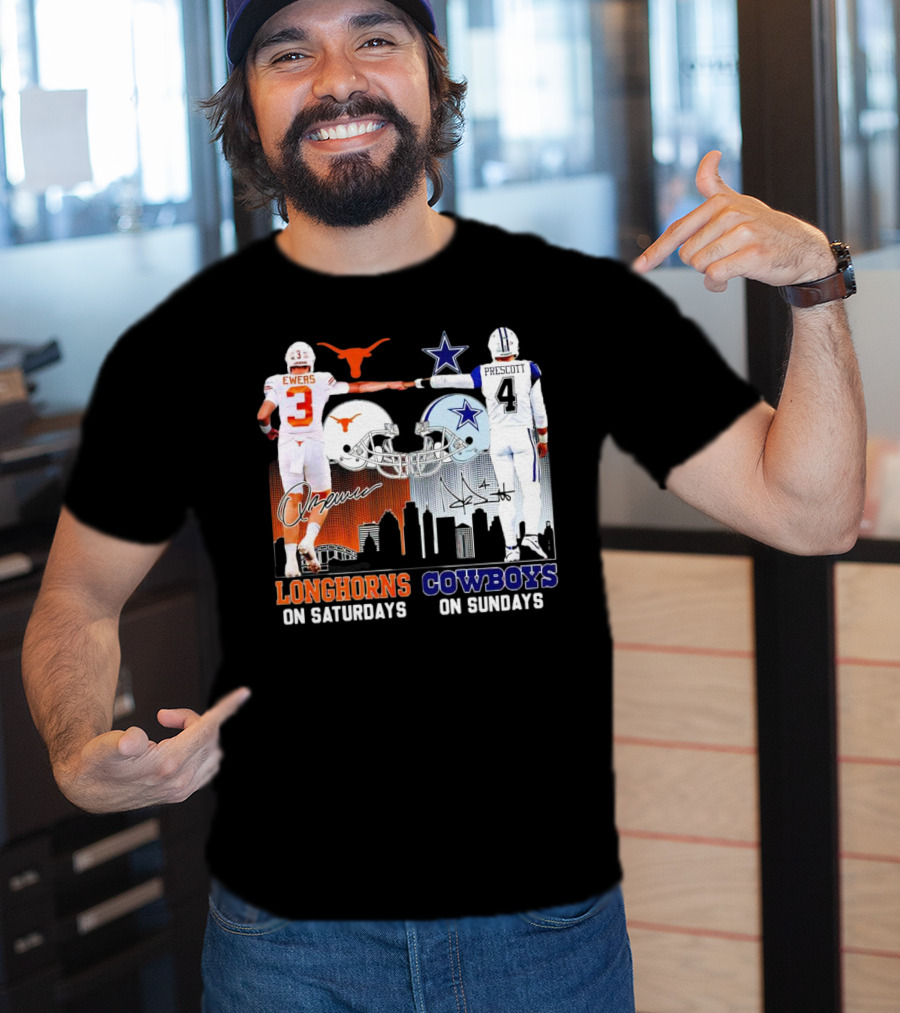 Ewers Longhorns On Saturdays Prescott Cowboys On Sundays Football Helms And Skyline T-Shirt