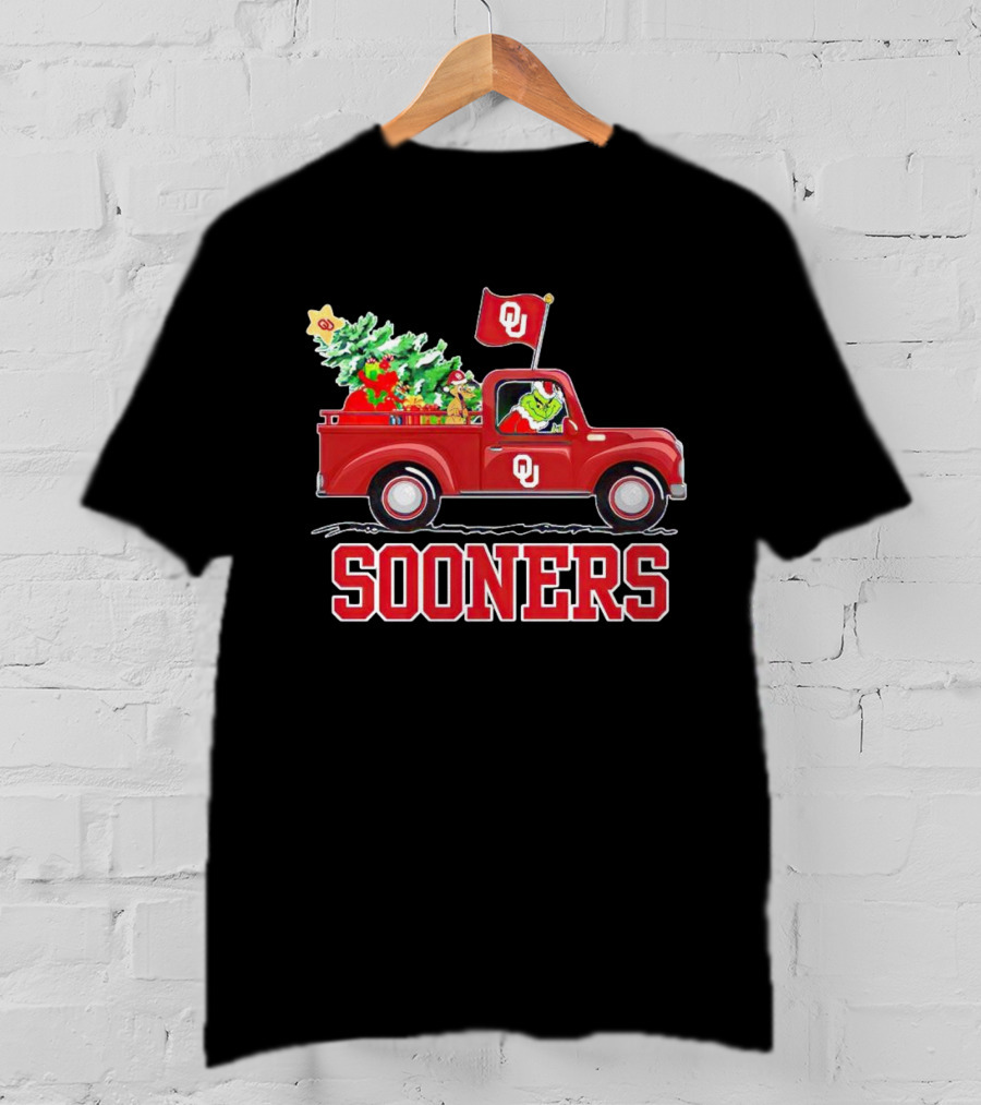 Grinch Driving Red Truck With Christmas Tree Oklahoma Sooners T-Shirt