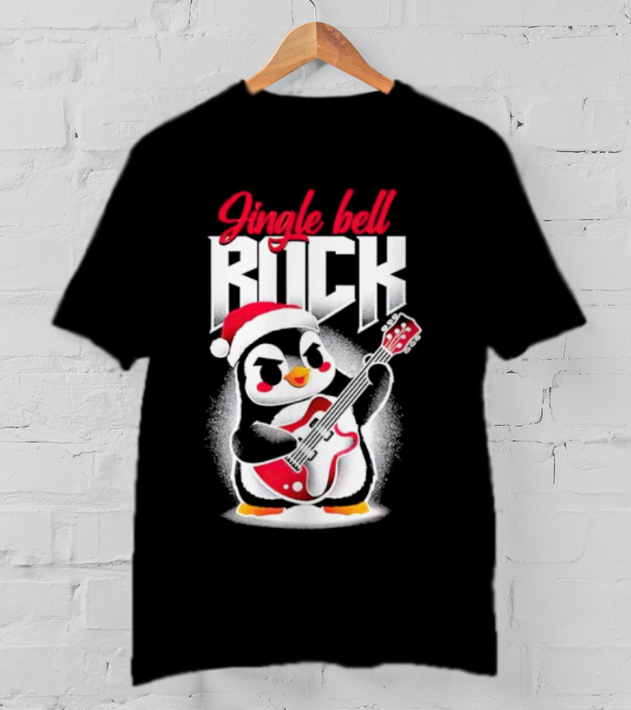 Jingle Bell Rock Penguin Playing Christmas Guitar In Santa Hat T-Shirt