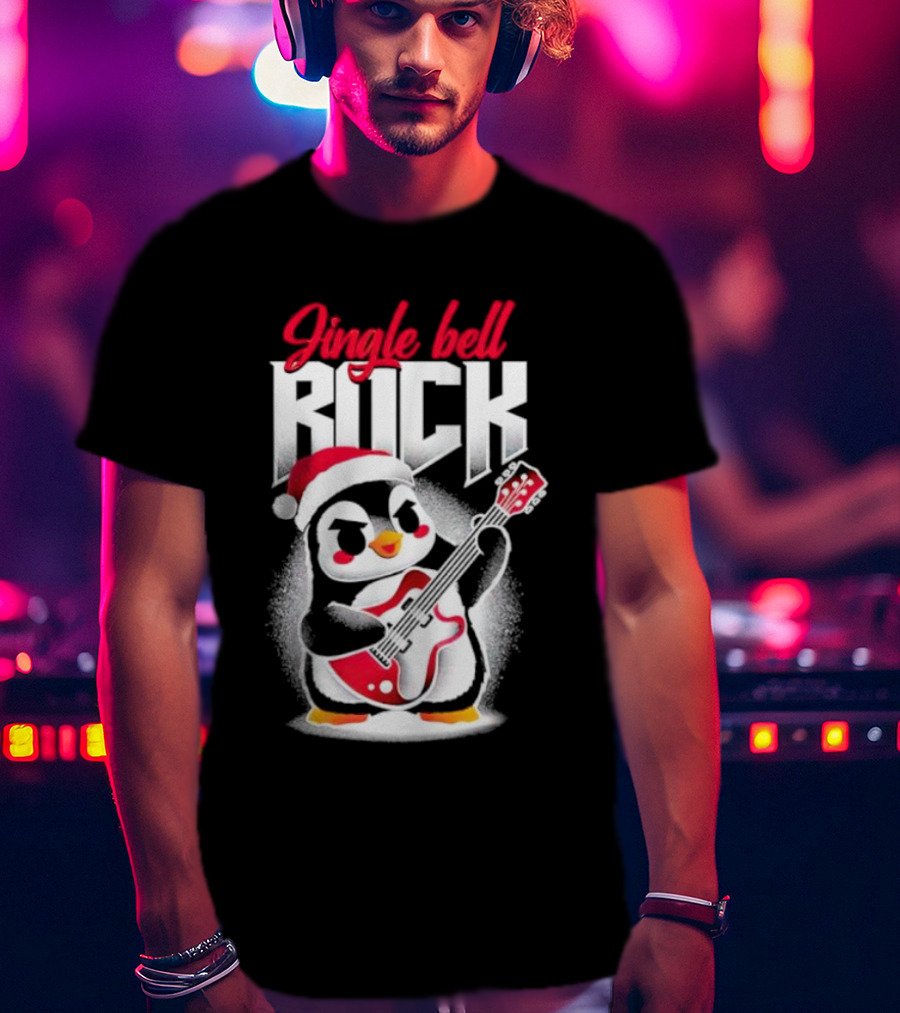 Jingle Bell Rock Penguin Playing Christmas Guitar In Santa Hat T-Shirt