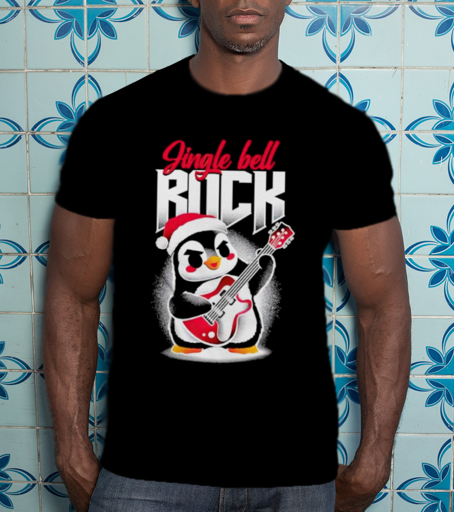 Jingle Bell Rock Penguin Playing Christmas Guitar In Santa Hat T-Shirt