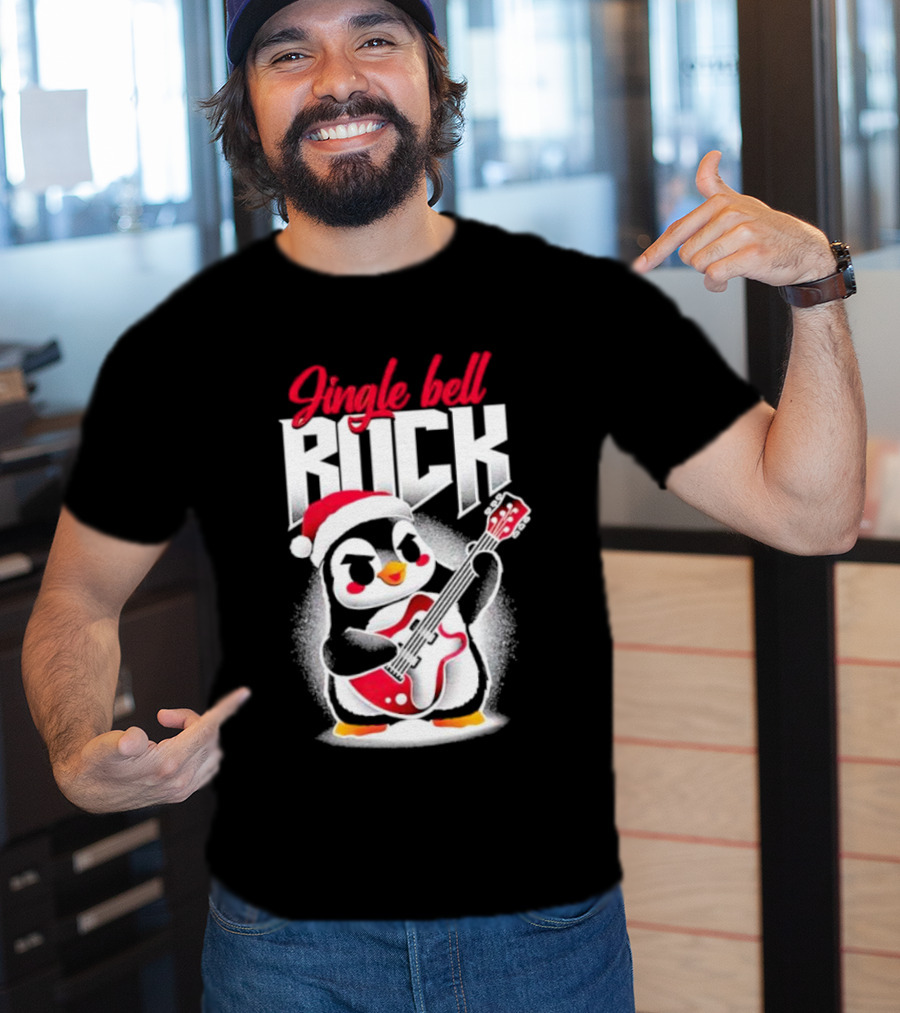 Jingle Bell Rock Penguin Playing Christmas Guitar In Santa Hat T-Shirt