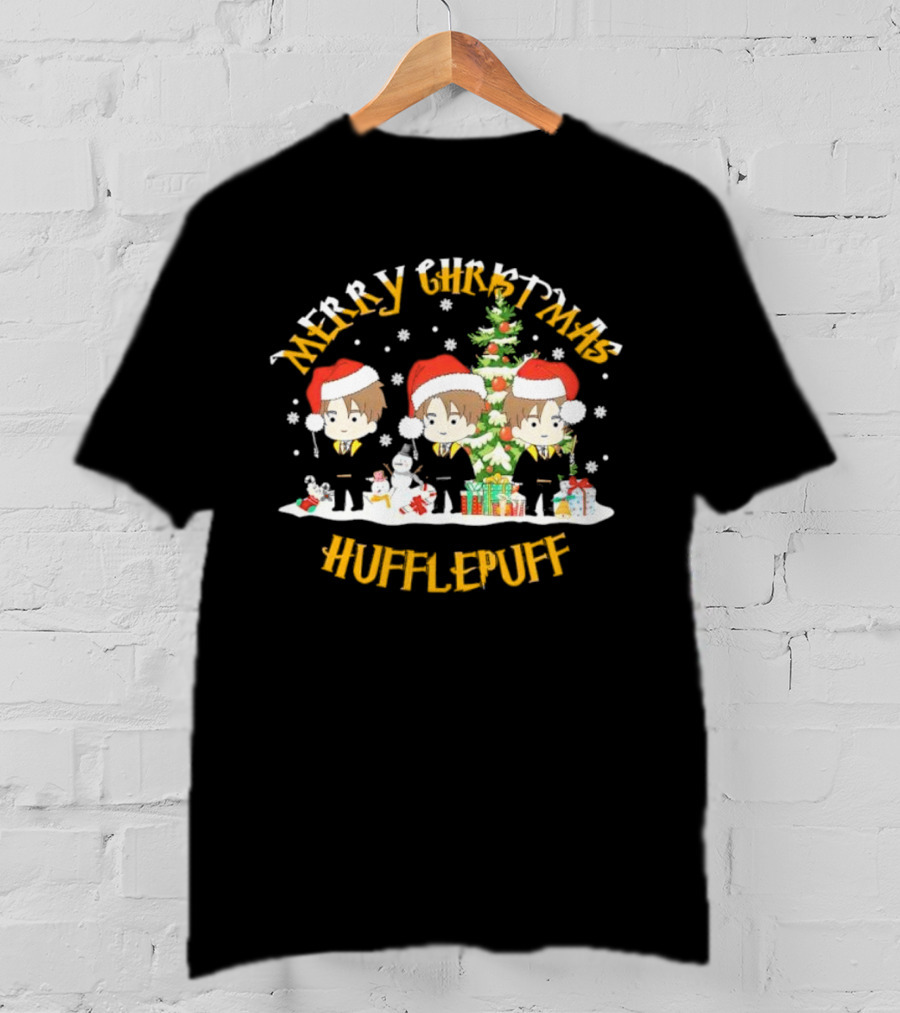 Merry Christmas Hufflepuff Characters With Santa Hats And Christmas Tree T-Shirt