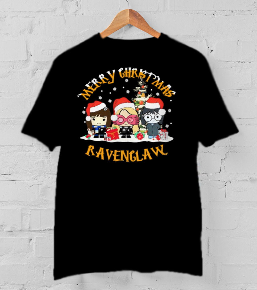 Merry Christmas Ravenclaw Characters With Santa Hats And Christmas Tree T-Shirt