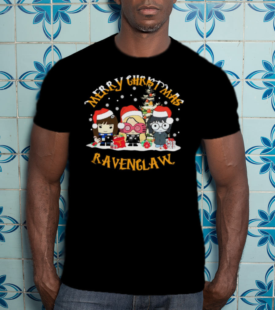 Merry Christmas Ravenclaw Characters With Santa Hats And Christmas Tree T-Shirt