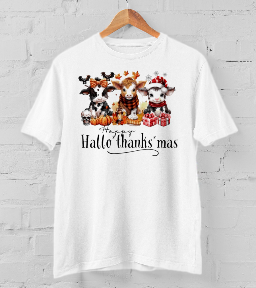 Happy HalloThanksMas Baby Cows With Pumpkins And Gifts T-Shirt