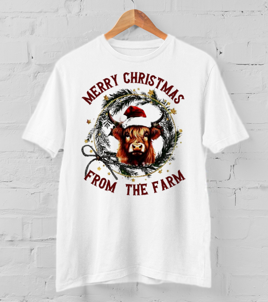 Merry Christmas From The Farm Cow Highland Christmas Wreath T-Shirt