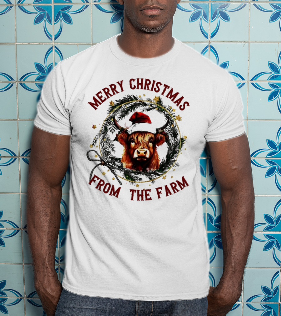 Merry Christmas From The Farm Cow Highland Christmas Wreath T-Shirt