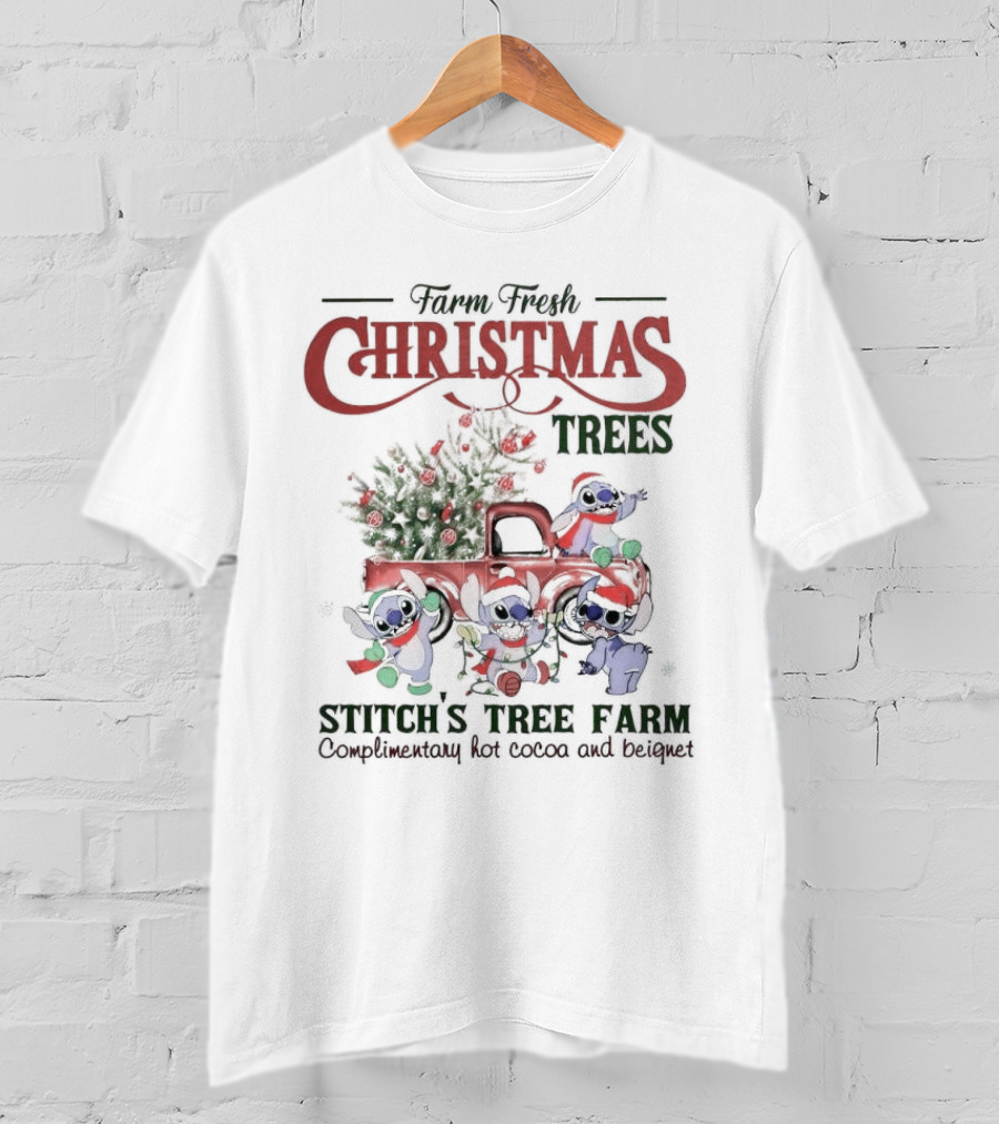 Farm Fresh Christmas Trees Stitch’s Tree Farm Complimentary Hot Cocoa And Beignet T-Shirt