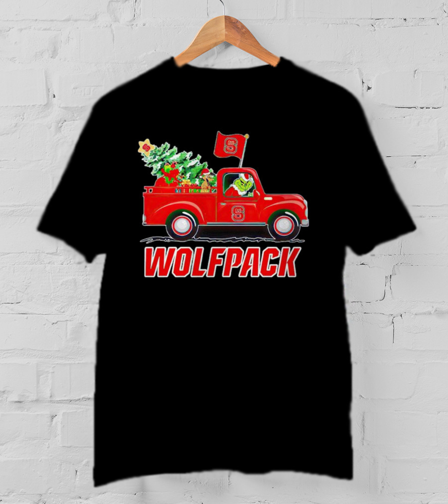 Grinch Driving NC State Wolfpack Christmas Truck With Tree And Flag T-Shirt
