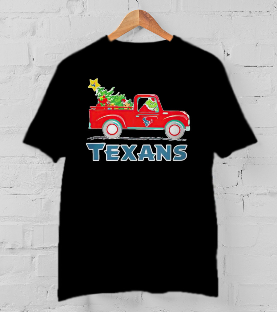 Grinch Driving Red Christmas Truck With Houston Texans T-Shirt