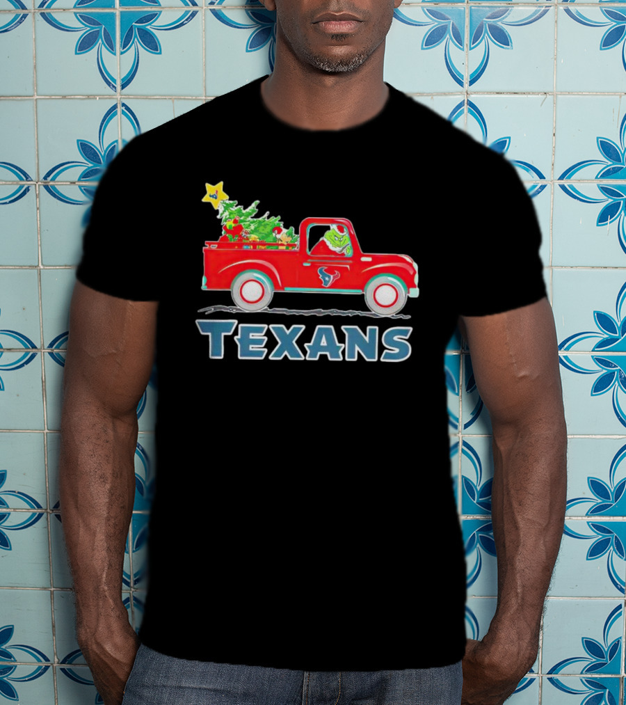 Grinch Driving Red Christmas Truck With Houston Texans T-Shirt