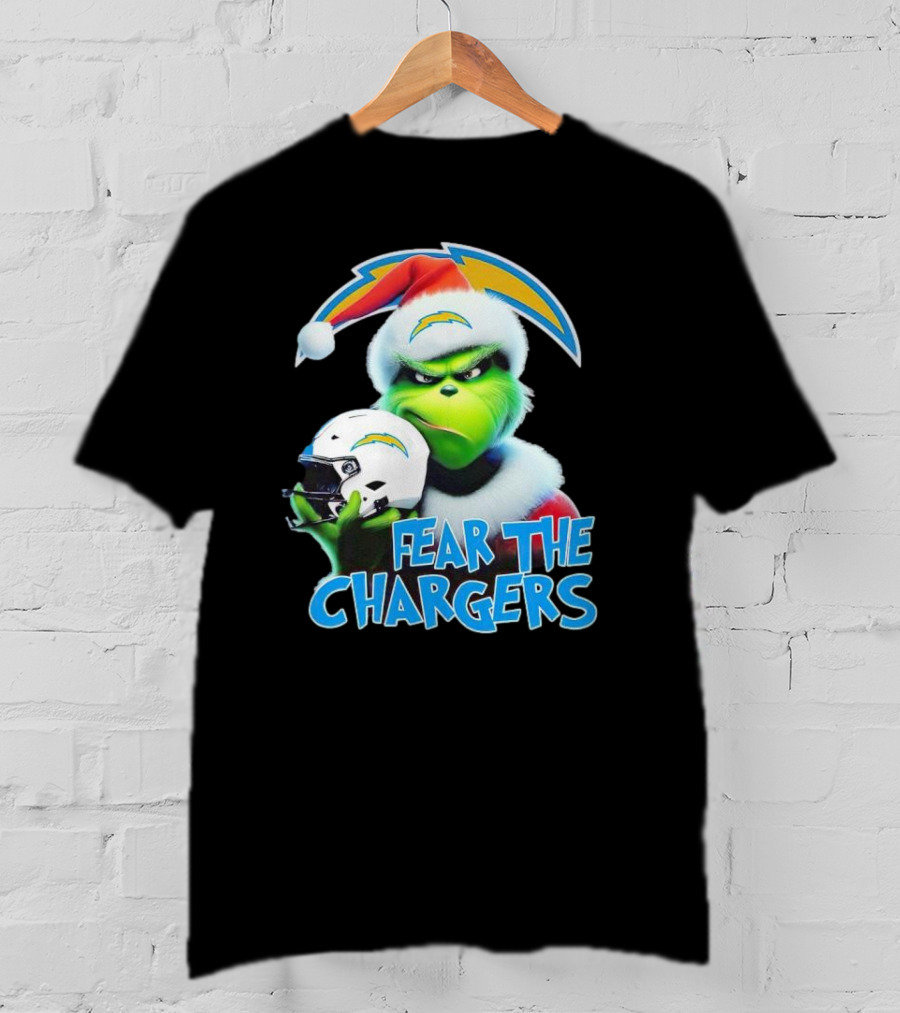 Grinch Santa Holding Los Angeles Chargers Helmet Fear The Chargers T-Shirt