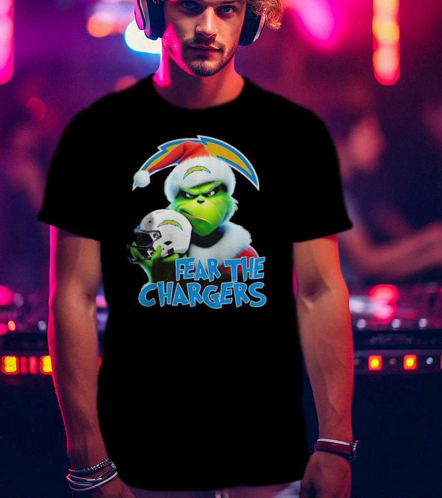 Grinch Santa Holding Los Angeles Chargers Helmet Fear The Chargers T-Shirt