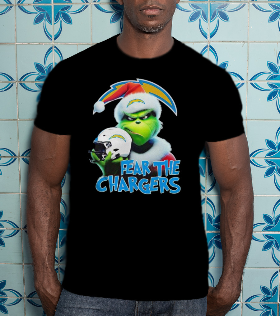 Grinch Santa Holding Los Angeles Chargers Helmet Fear The Chargers T-Shirt