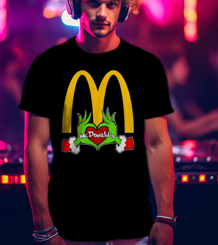 Grinch Holding Heart McDonald’s Logo Christmas T-Shirt