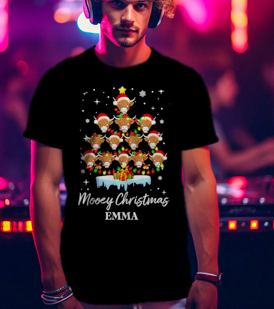Mooey Christmas Highland Cow Tree Custom Name Emma T-Shirt