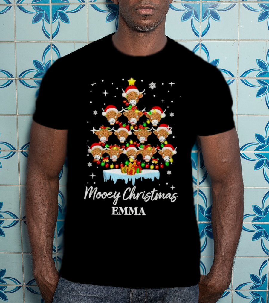Mooey Christmas Highland Cow Tree Custom Name Emma T-Shirt