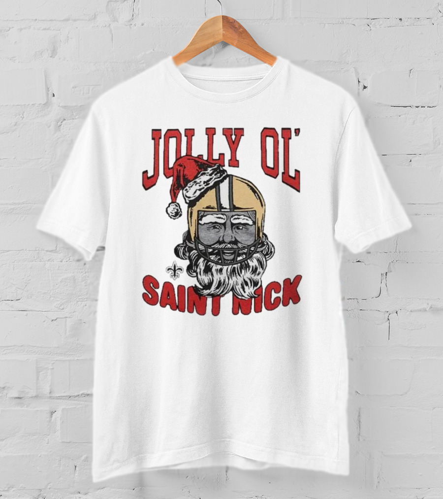 New Orleans Saints Jolly Ol’ Saint Nick With Santa Hat And Fleur-de-Lis Football Helmet Christmas T-Shirt
