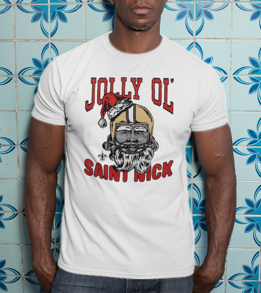 New Orleans Saints Jolly Ol’ Saint Nick With Santa Hat And Fleur-de-Lis Football Helmet Christmas T-Shirt