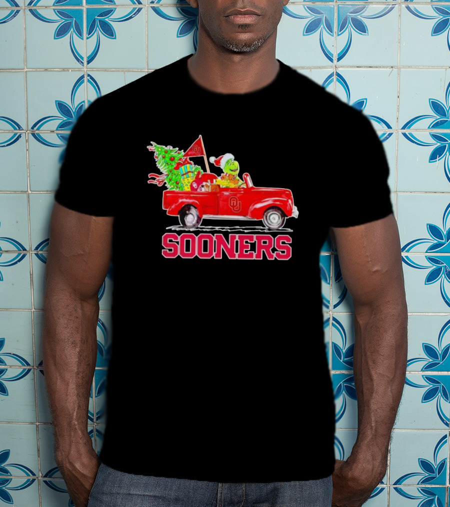 Sooners Grinch Driving Red Truck With Christmas Tree And Gifts T-Shirt