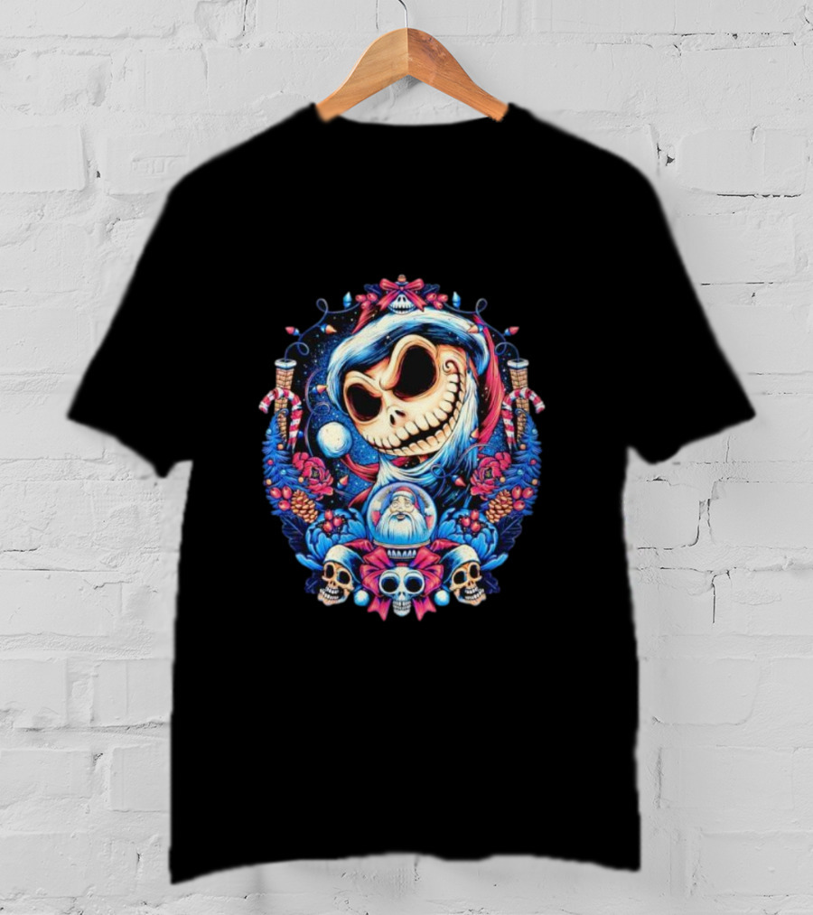 Jack Skellington Christmas Santa Skull Wreath Candy Cane Holiday T-Shirt
